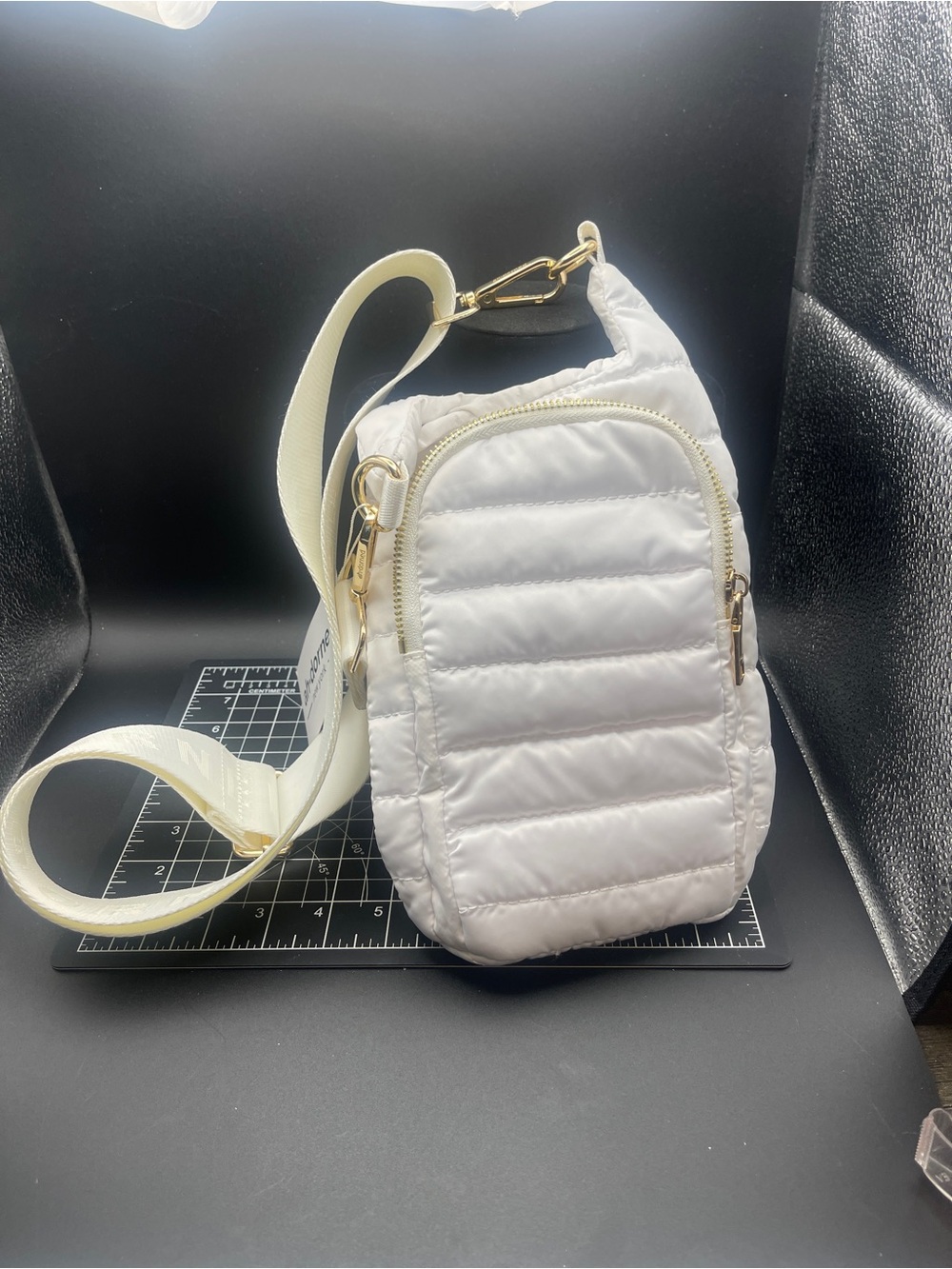 Ahdorned New York White Puffer Crossbody Bottle Carrier Bag NWT Gold Tone